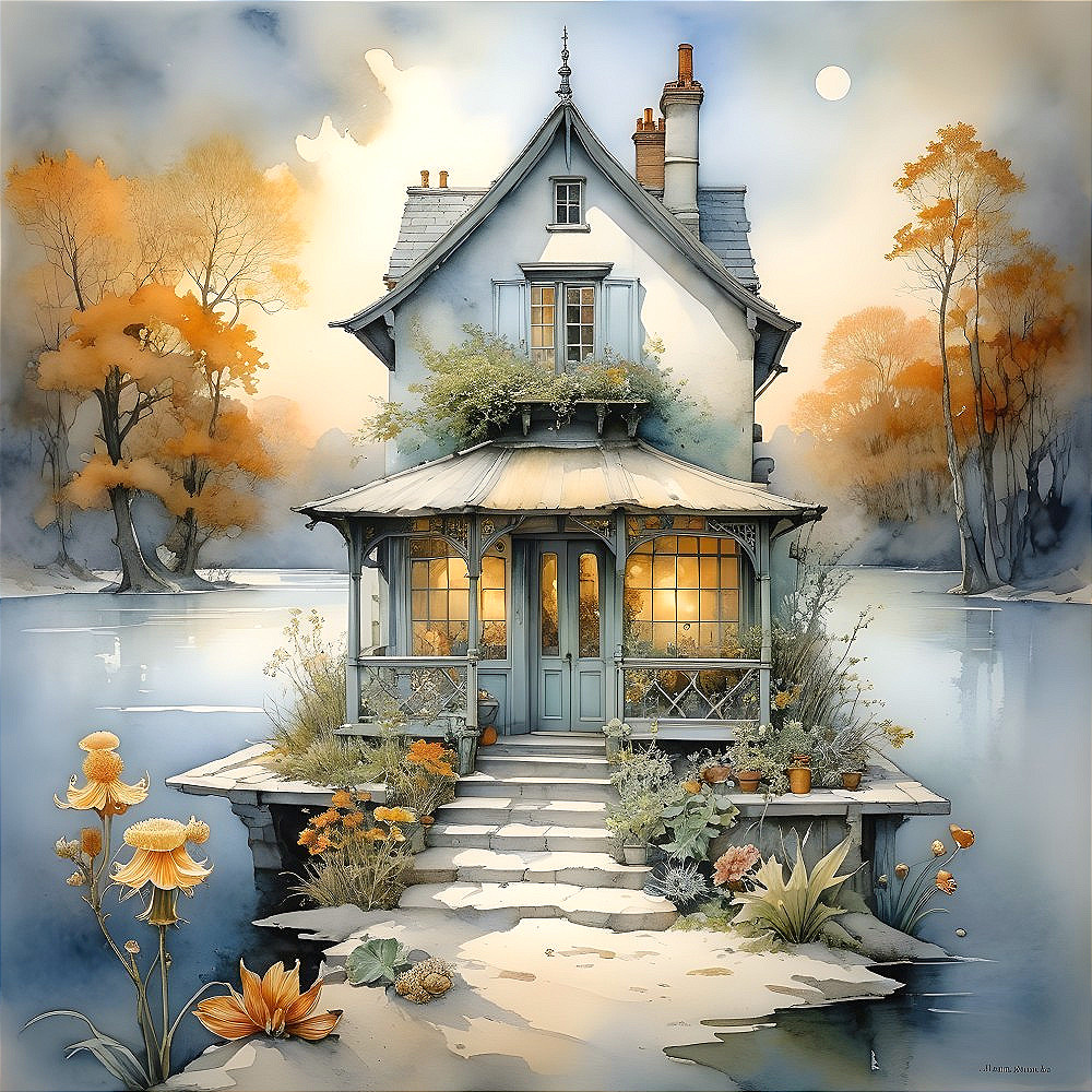 Whimsical Stilt House by Serene Autumn Lake