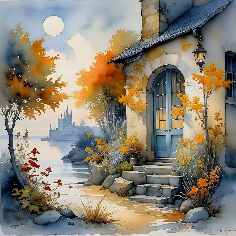 Autumn Landscape with House and Castle Silhouette