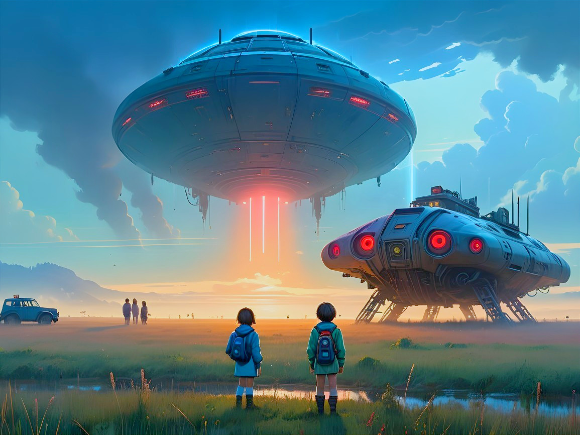 Children Observe UFOs in a Serene Landscape Scene