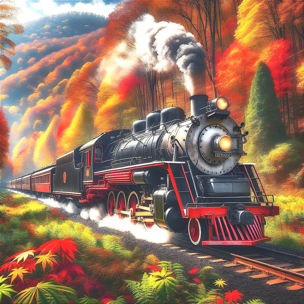 Vintage steam locomotive travels through autumn scenery