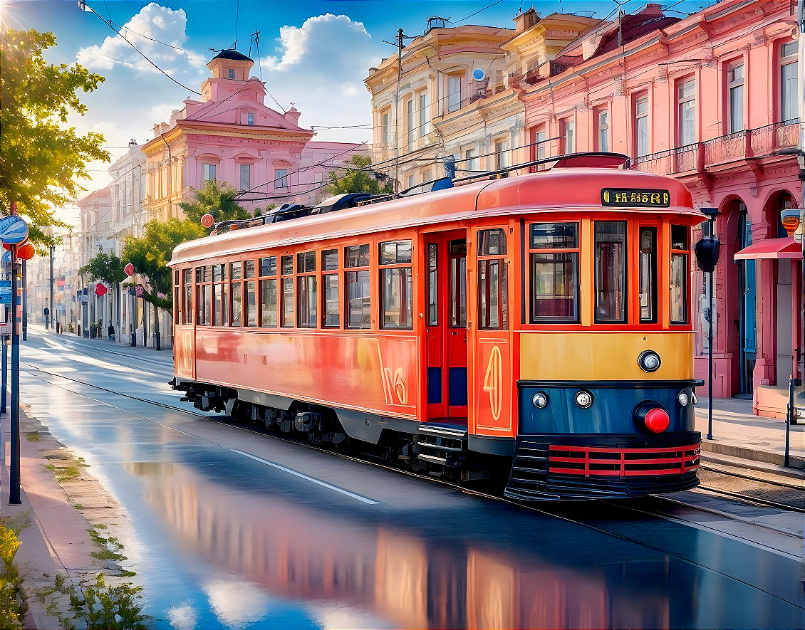 Vintage Tram on a Sunlit Street with Pastel Buildings