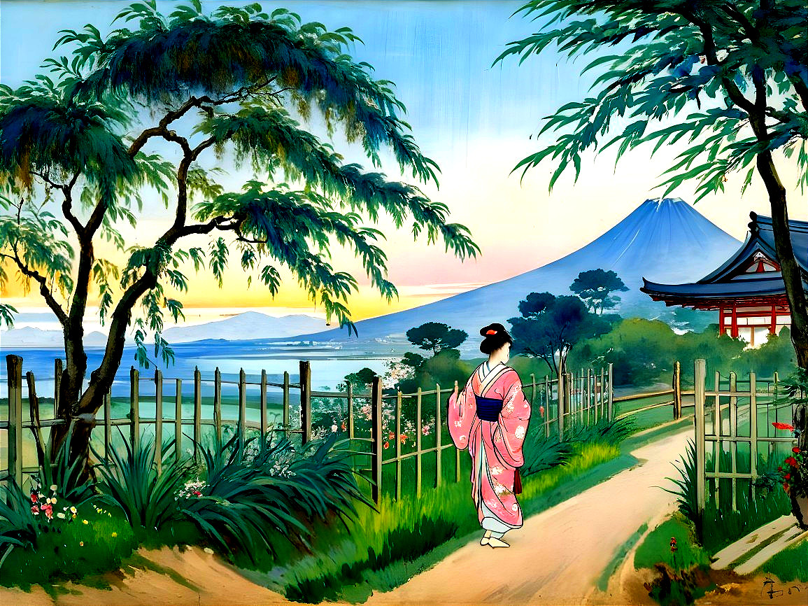 Japanese Woman in Kimono Amidst Scenic Landscape