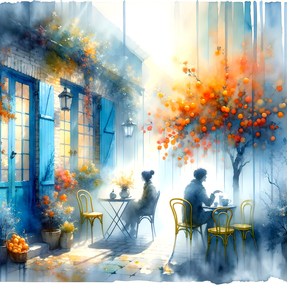 Café Scene with Couple Amidst Autumn Colors and Greenery