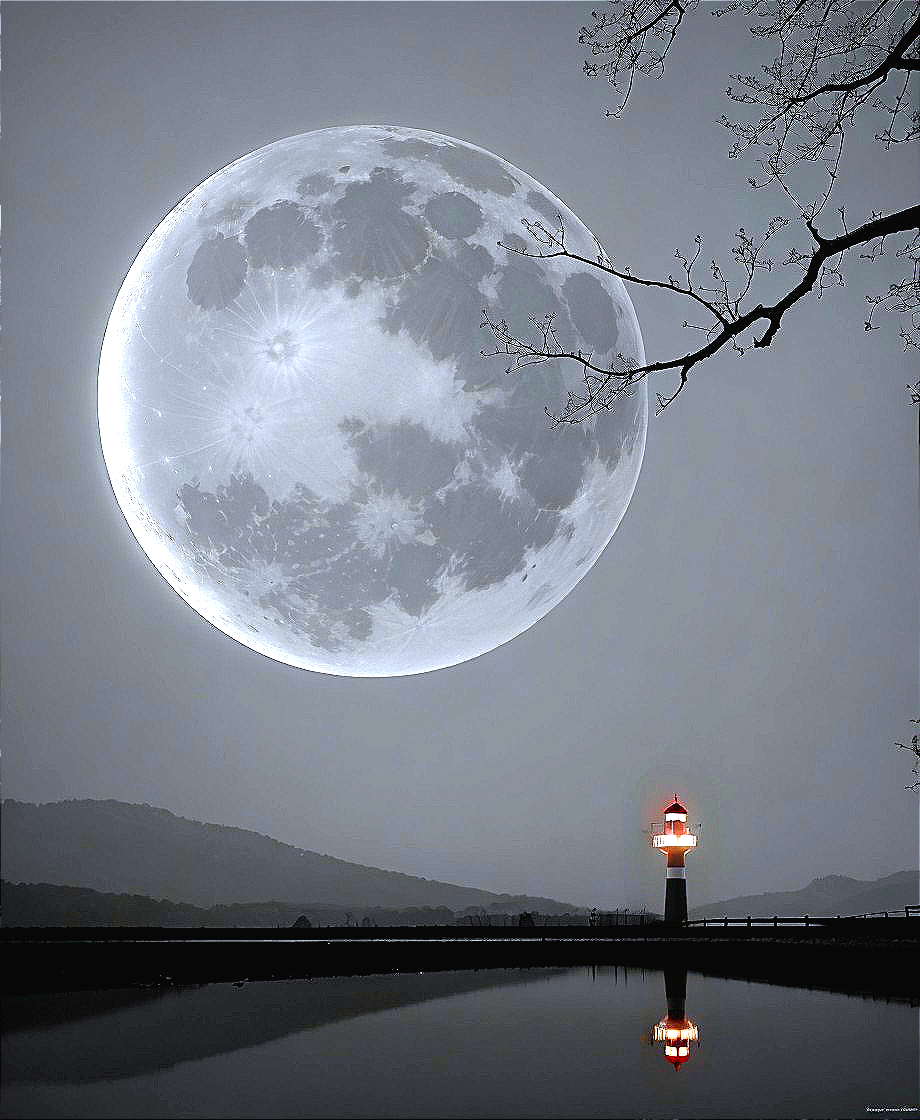 Lighthouse and Full Moon Over Calm Water Landscape