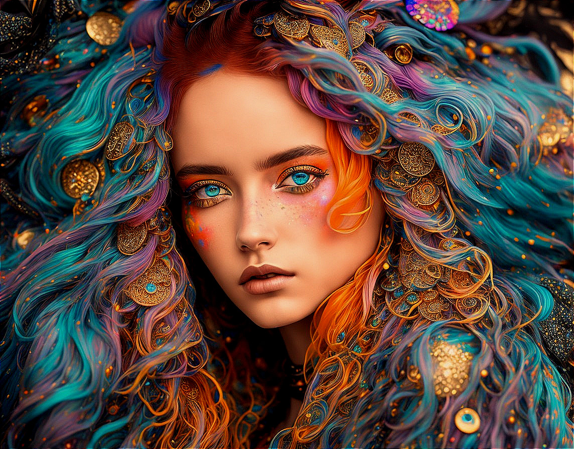 Portrait of woman with intense blue eyes, blue and red hair, gold accents, textured background