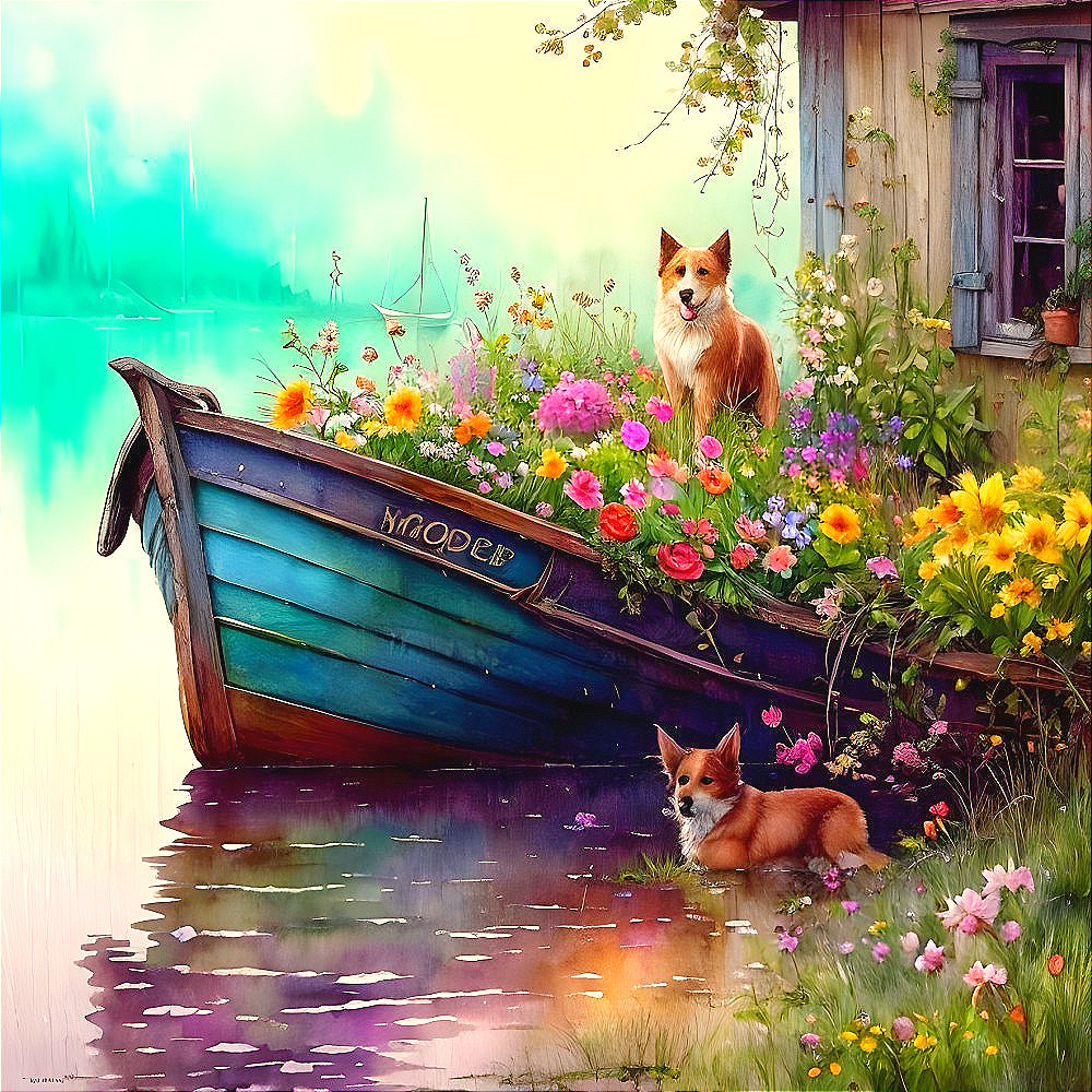 Colorful Boat with Flowers and Corgis by Lake