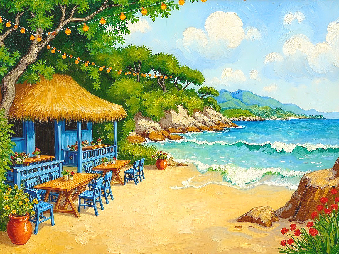 Coastal Café on Serene Beach with Lush Greenery