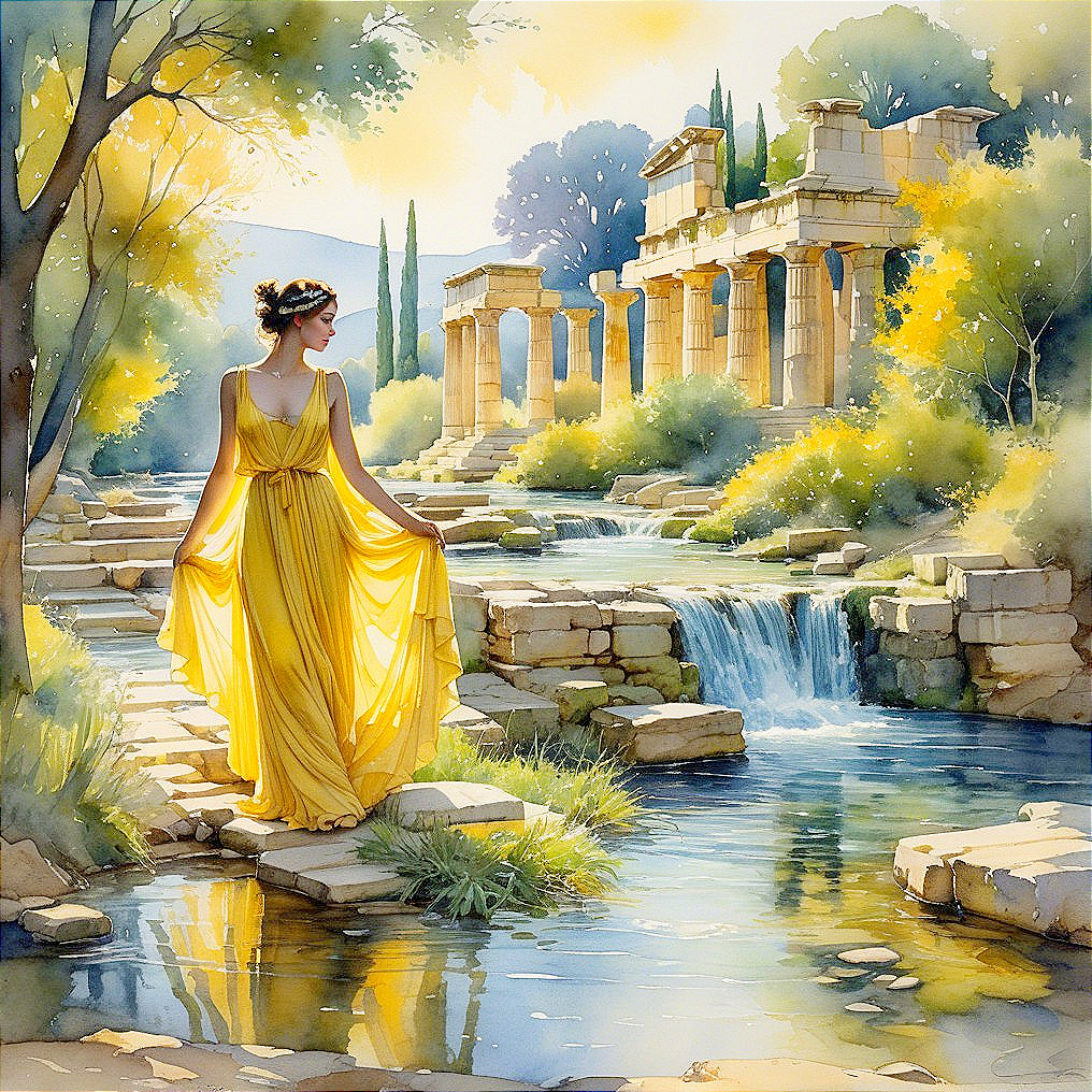 Young Woman in Yellow Gown by Tranquil Stream