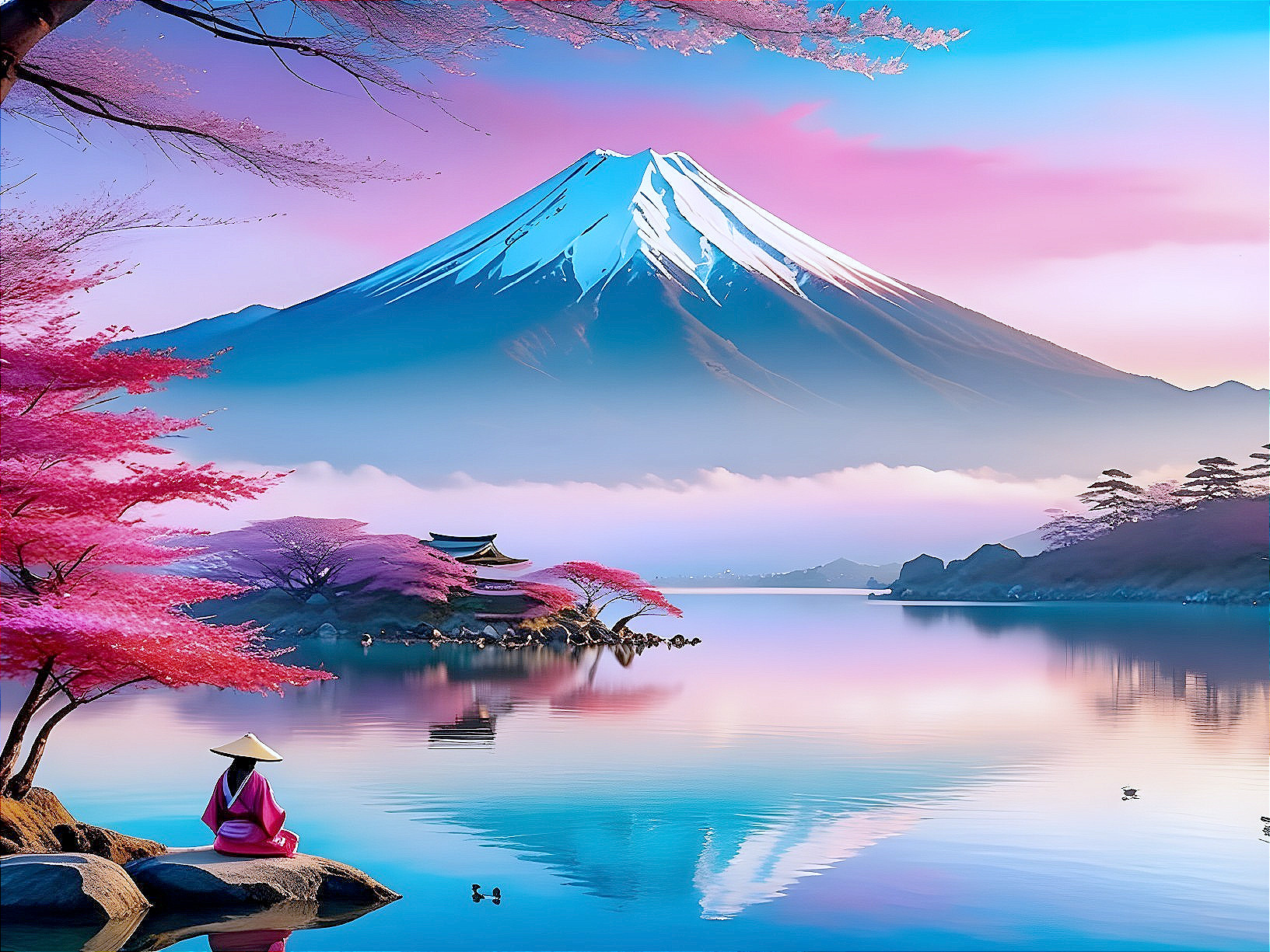 Mount Fuji and Cherry Blossoms in Serene Landscape