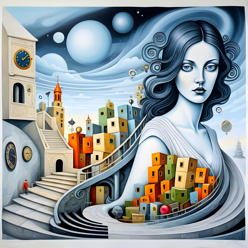 Surreal Scene with Ethereal Woman and Abstract Landscape