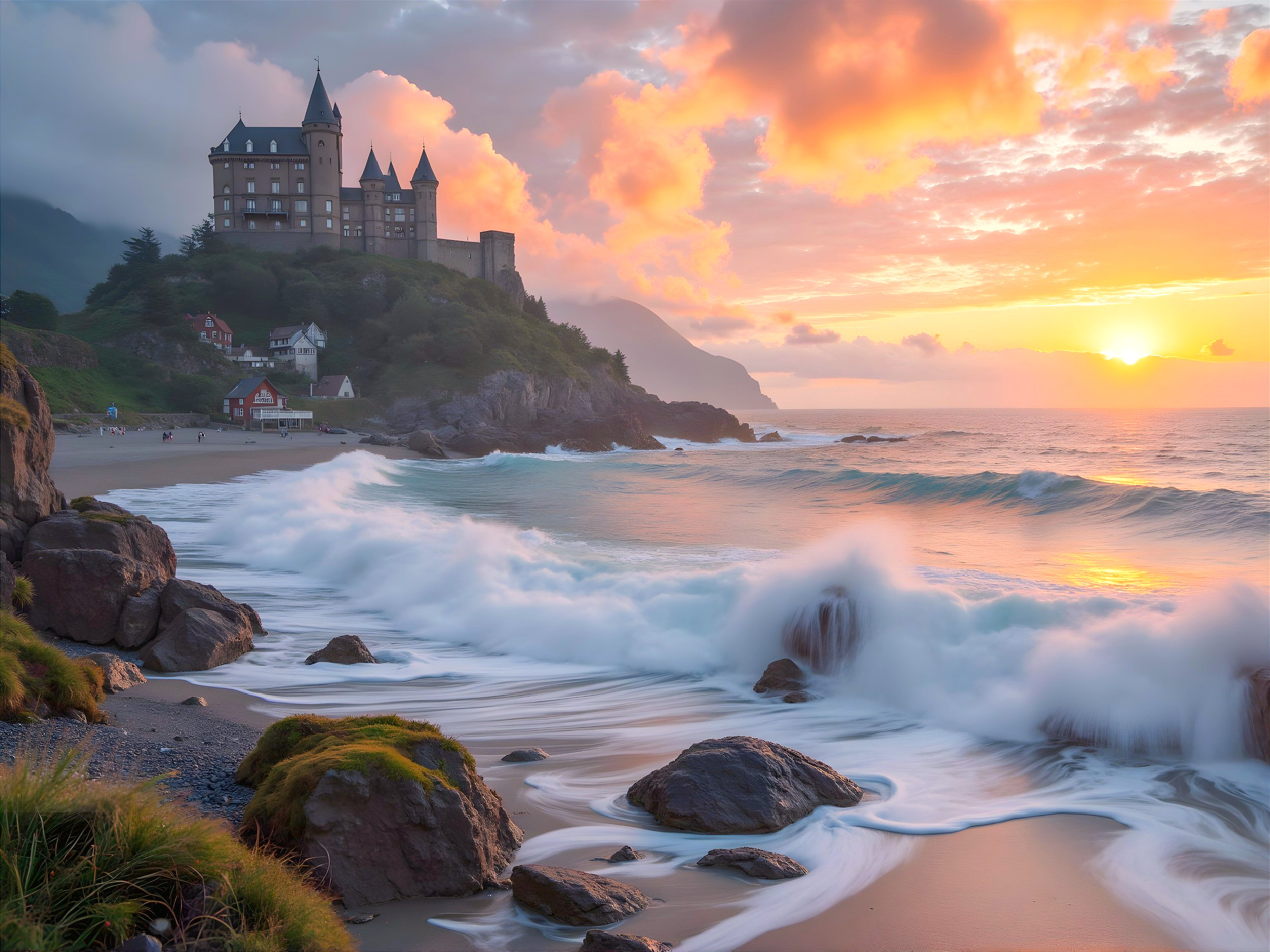 Castle on a Cliff Overlooking a Serene Beach at Sunset