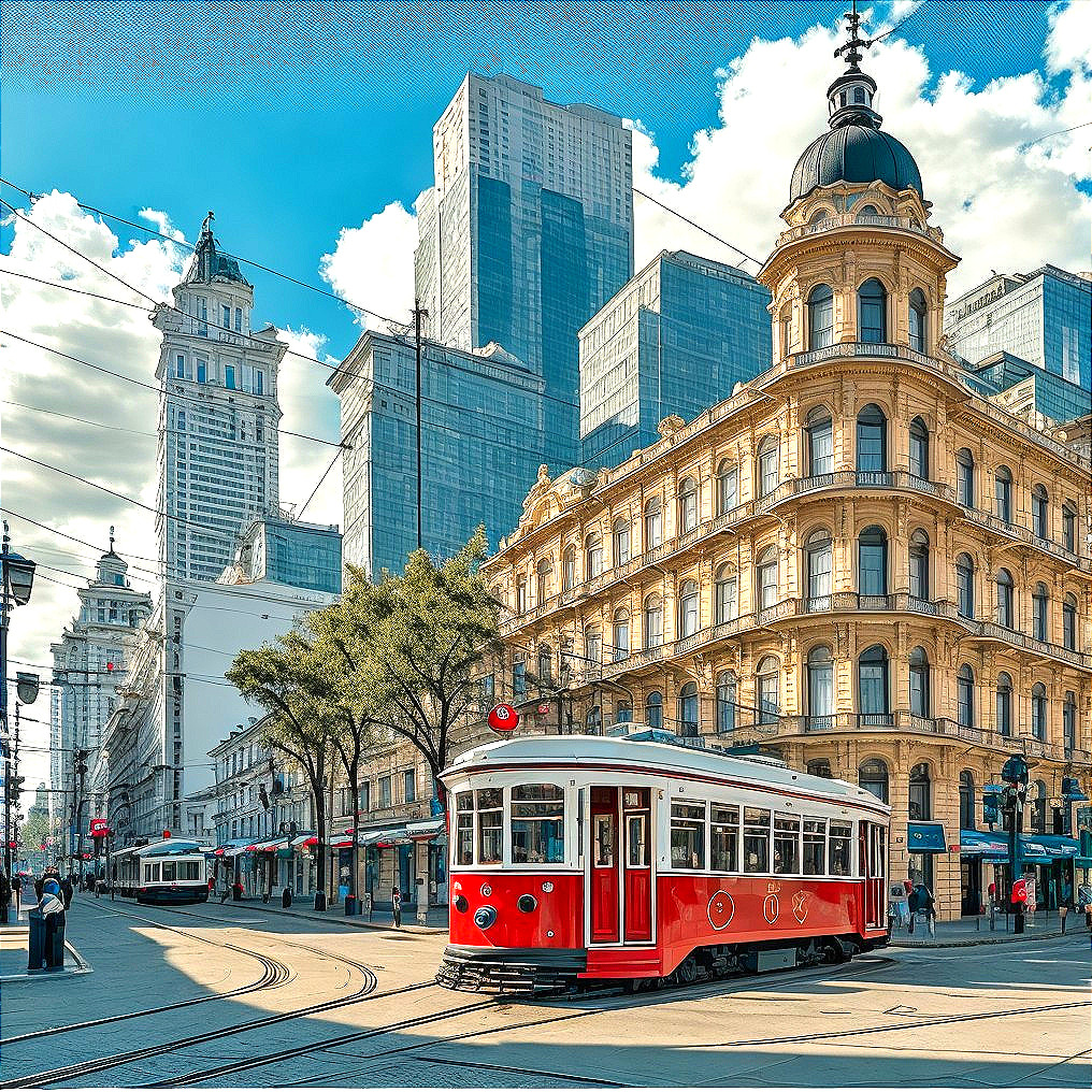 Red Tram in Vibrant Urban Scene with Historic Architecture