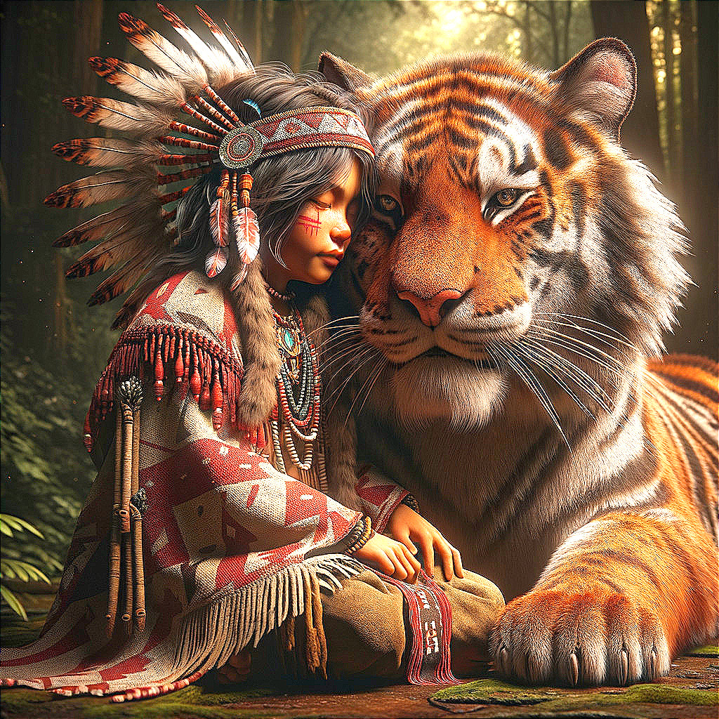 Indigenous Girl in Traditional Attire with Tiger in Forest