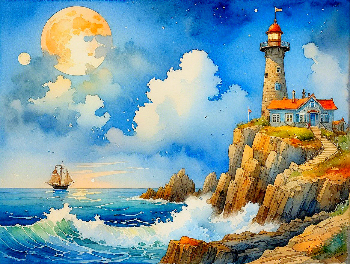 Watercolor Lighthouse Scene Under Moonlit Sky