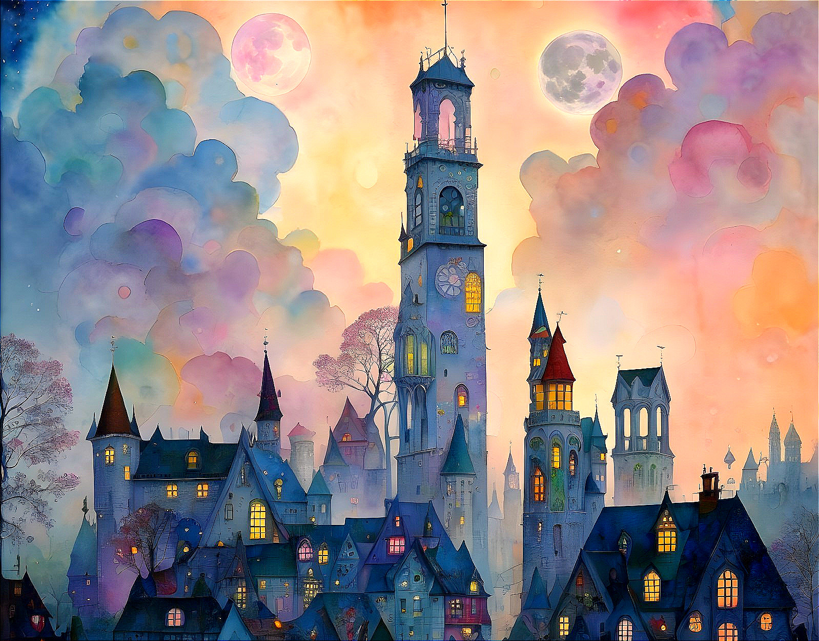 Whimsical village watercolor painting with moonlit sky