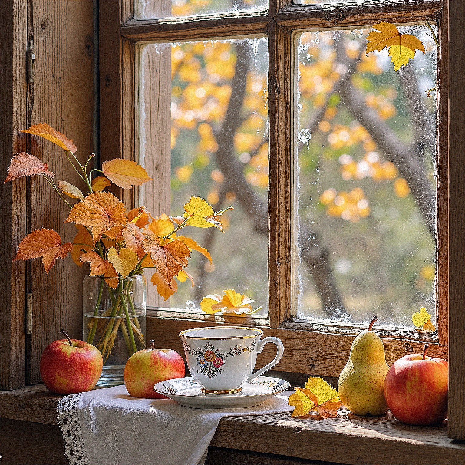 Cozy Autumn Scene with Teacup and Fresh Fruits