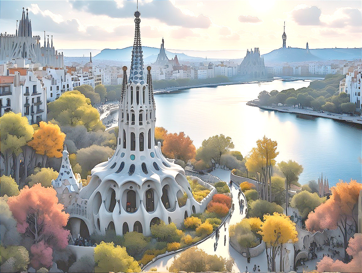 Whimsical Landscape with Unique Building and River