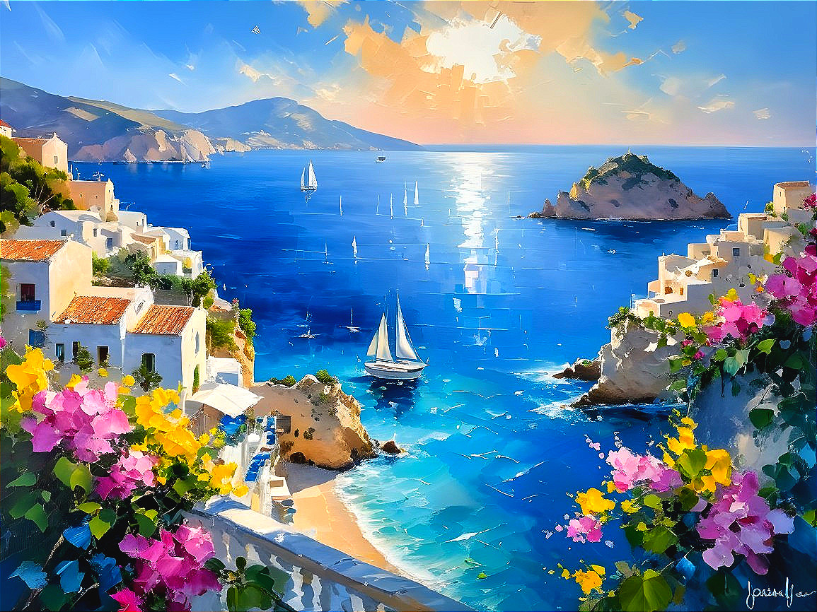 Coastal Scene with Vibrant Flowers and Sailboats