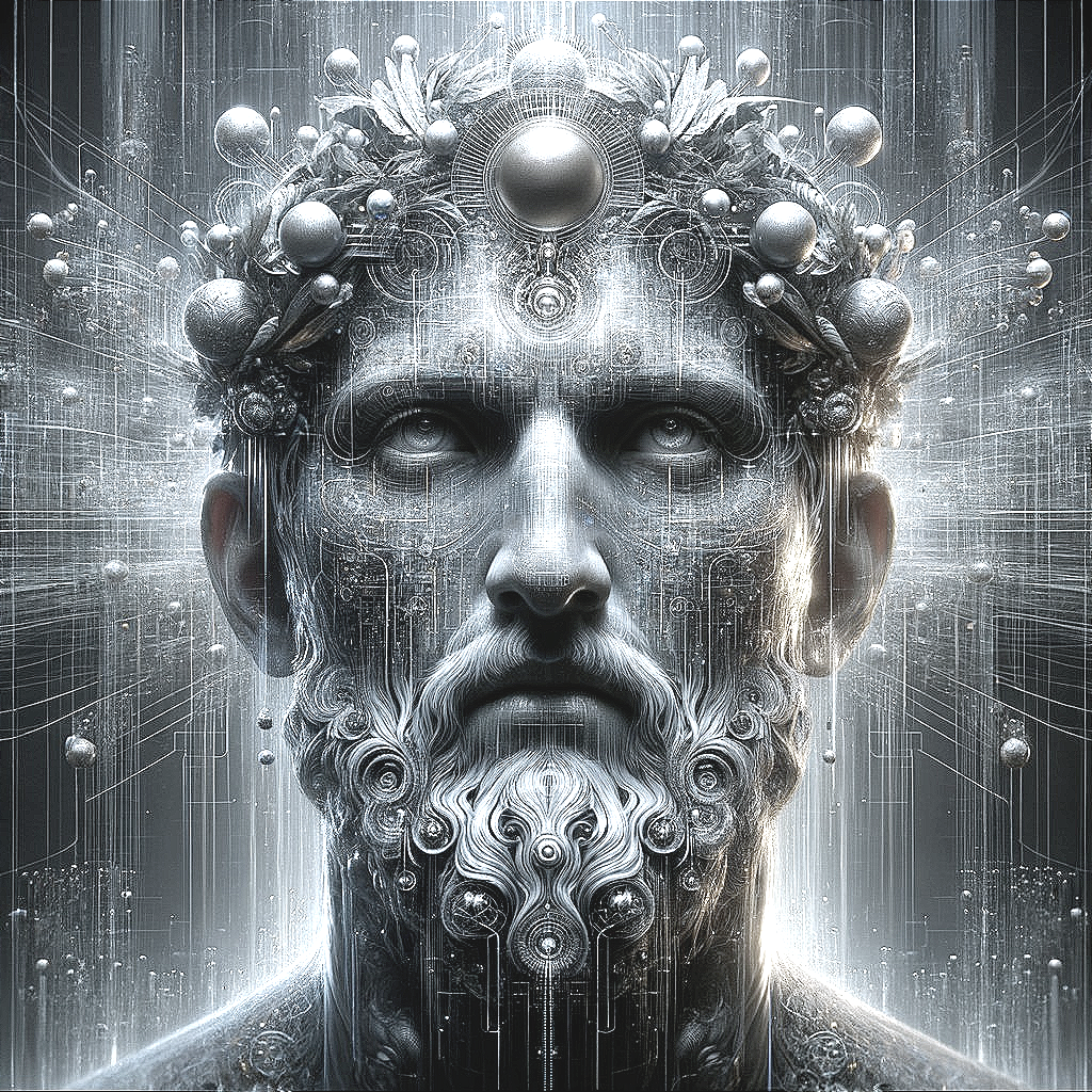 Metallic Bearded Face with Mechanical Details and Orbs