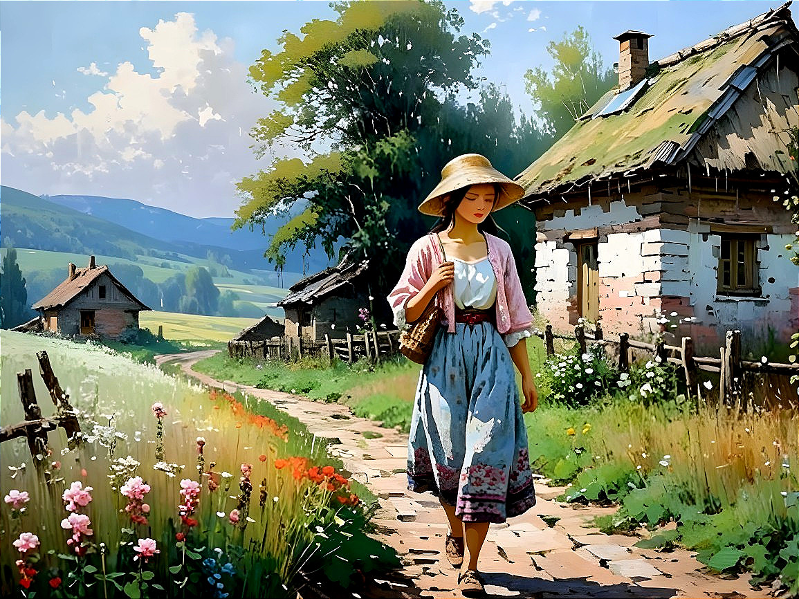 Young Woman in Traditional Outfit on Flower Path