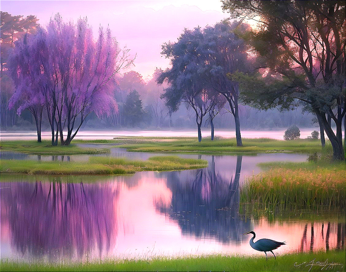 Tranquil Lake Surrounded by Lush Greenery and Blossoms