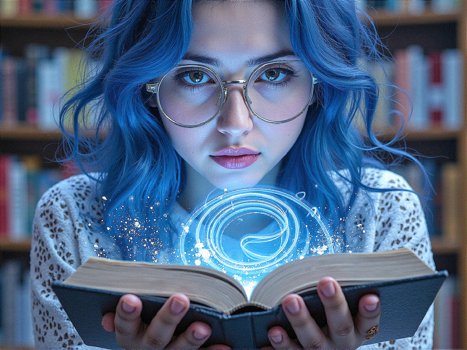 Young woman with blue hair reading in a library