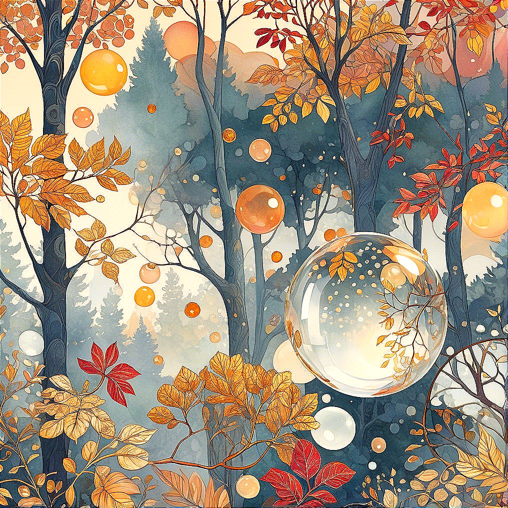 Serene Autumn Forest with Vibrant Leaves and Bubbles