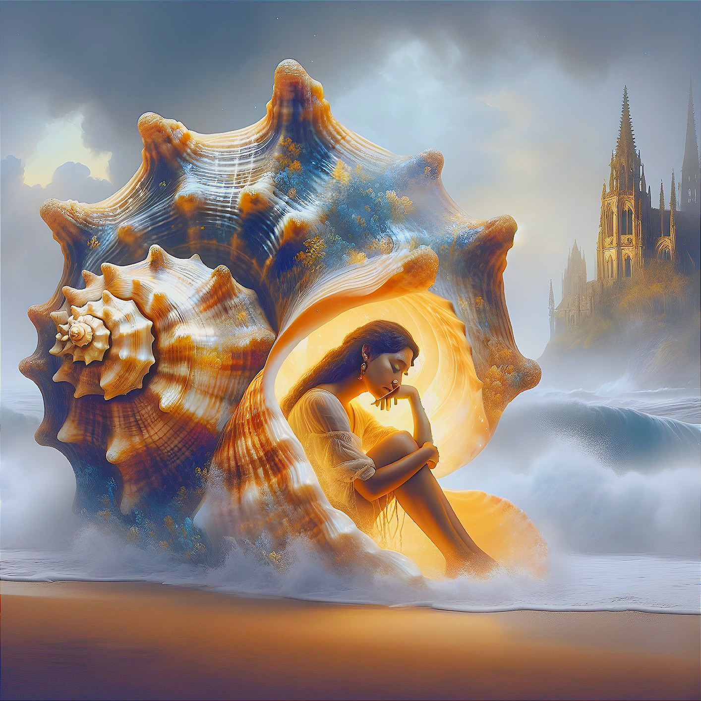 Surreal Beach Scene with Seashell and Flute Music