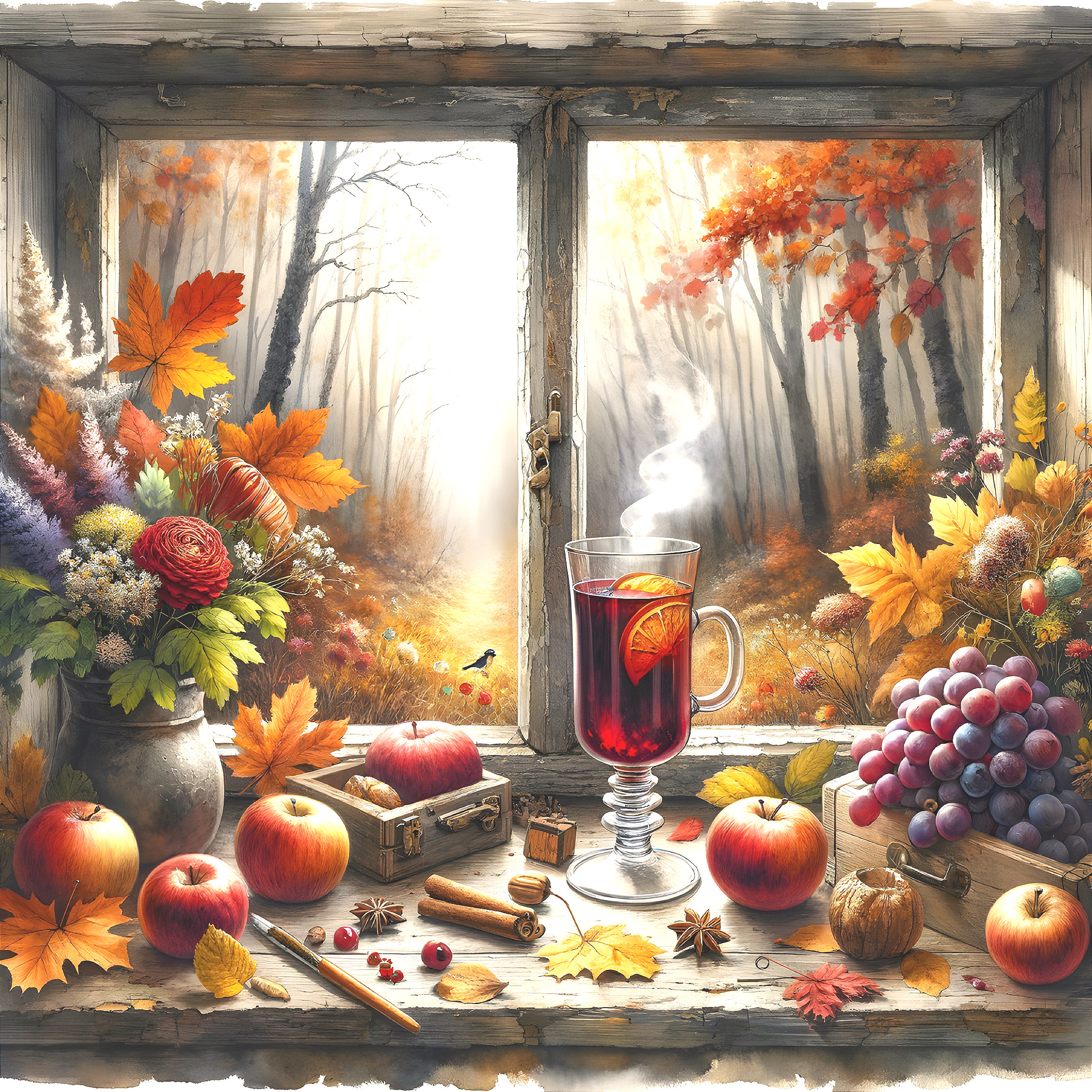 Cozy Autumn Scene Through an Old Wooden Window