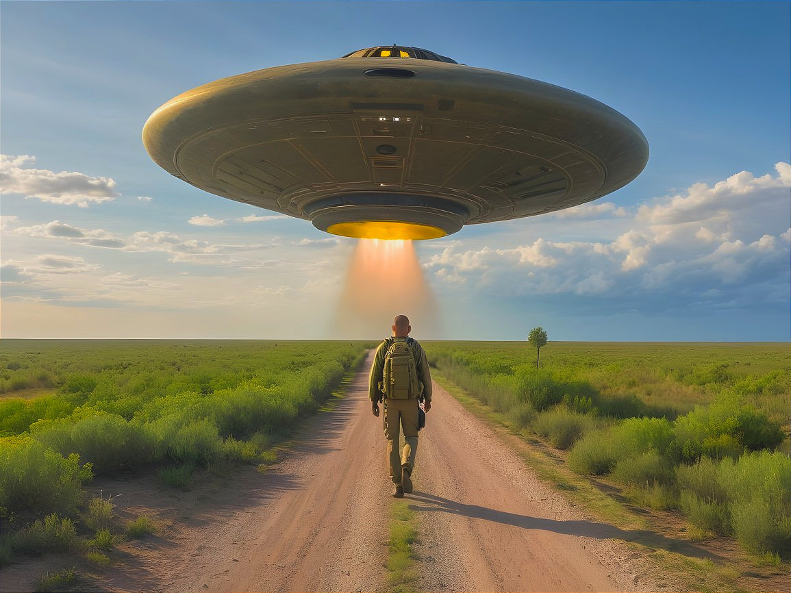 Lone Figure on Dusty Path Under UFO Beam of Light