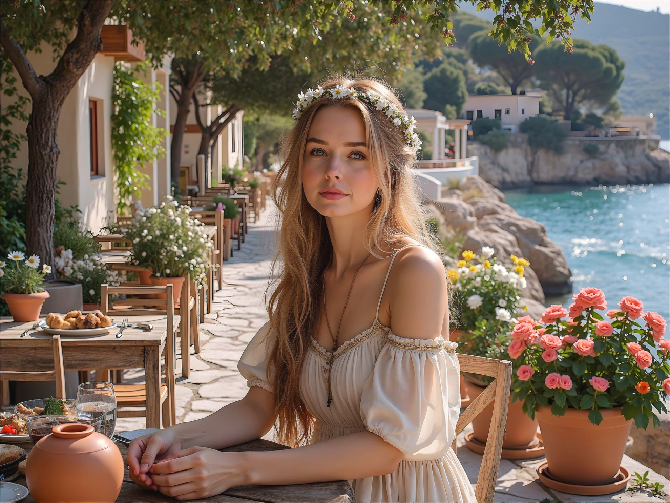 Young Woman in Cream Dress by the Mediterranean Sea