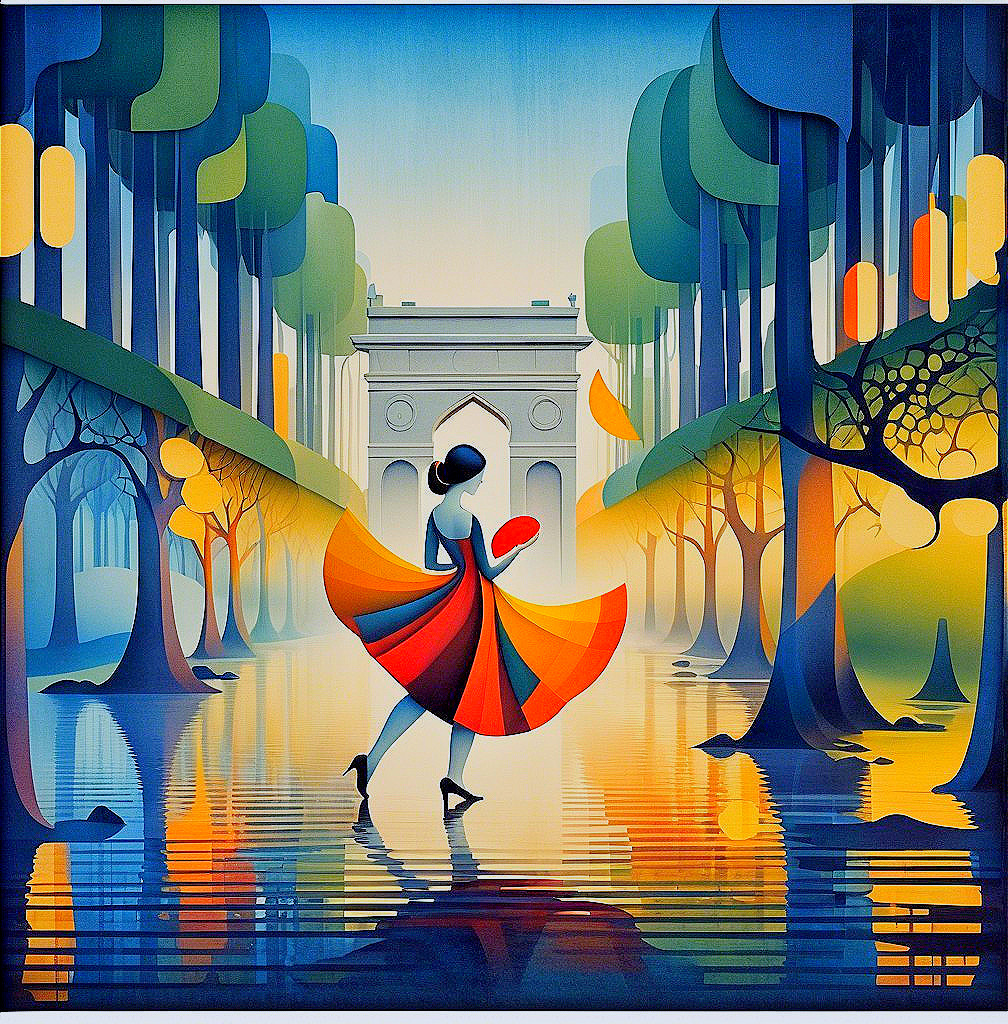 Vibrant Scene of a Figure in a Multicolored Dress