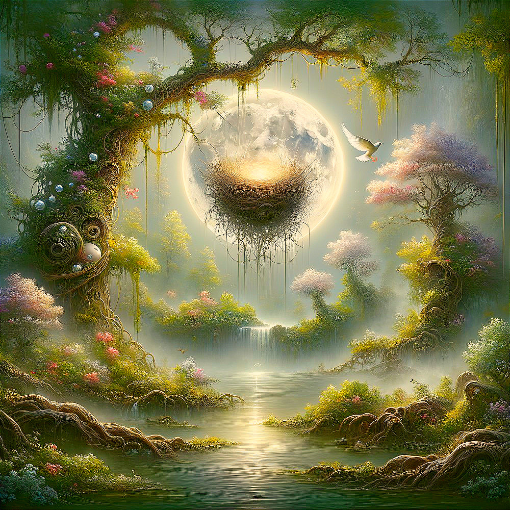 Whimsical Landscape with Lush Trees and Glowing Moon