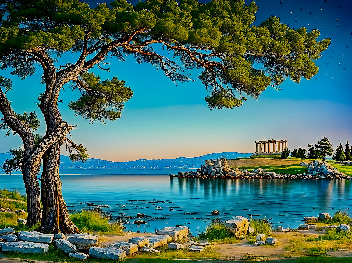 Twilight Coastal Scene with Temple and Majestic Tree