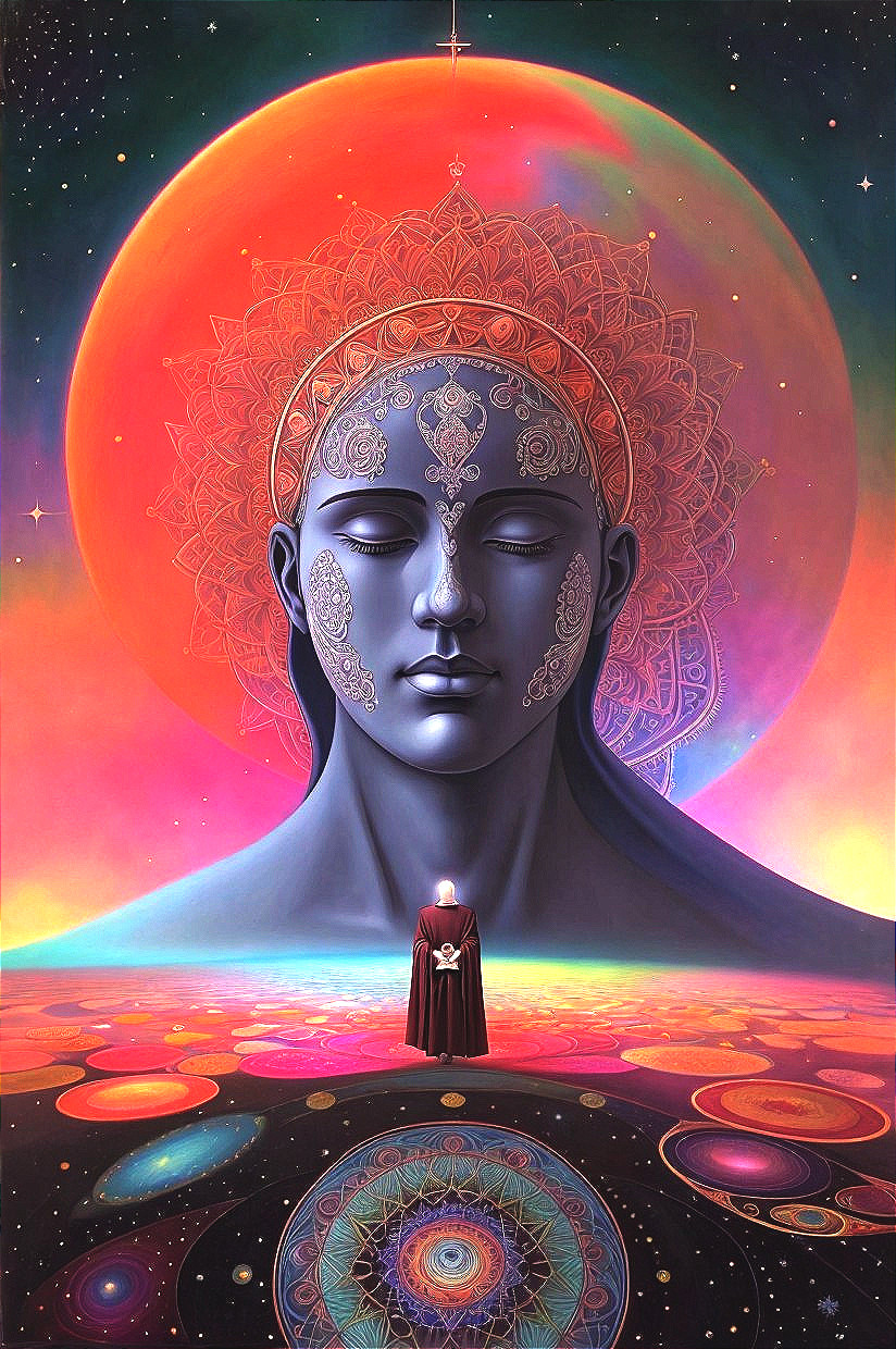 Contemplative Figure Against Vibrant Cosmic Backdrop