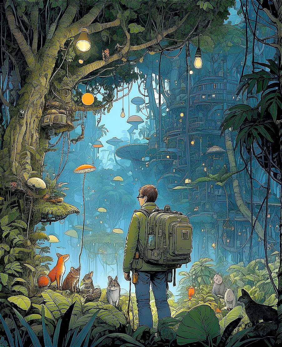 Young traveler in enchanted forest with magical tree