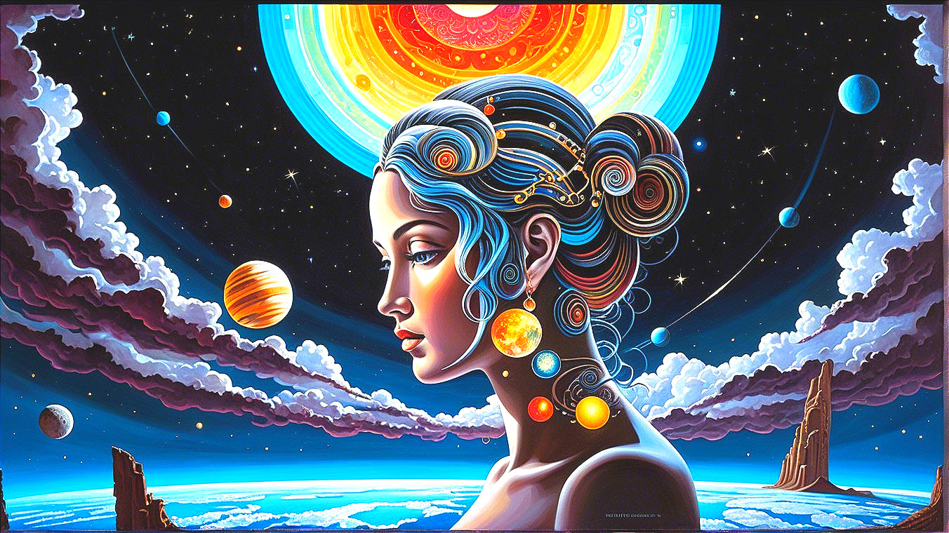 Cosmic Portrait of a Woman in a Celestial Landscape