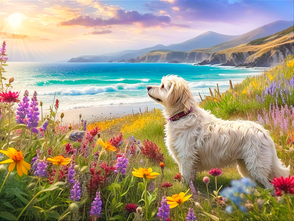 Golden-haired dog in a wildflower field at sunset