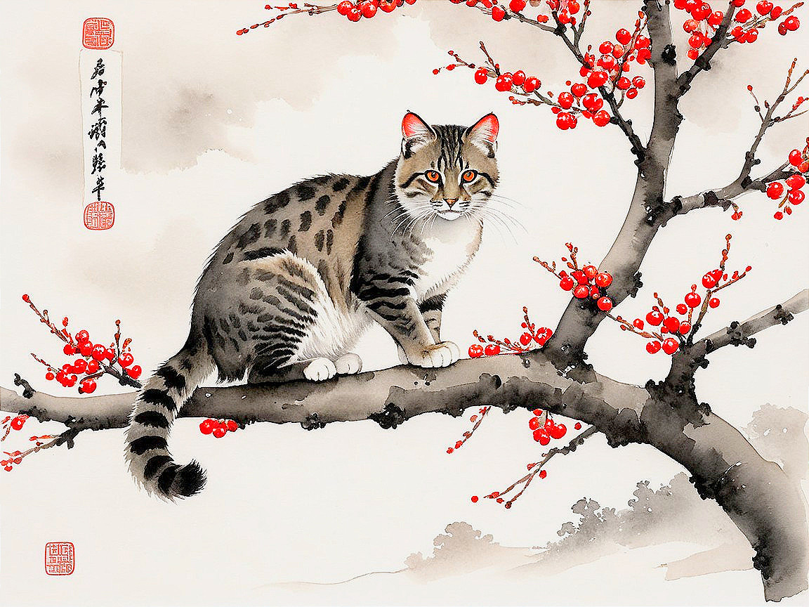 Illustration of a speckled cat on a blossom branch