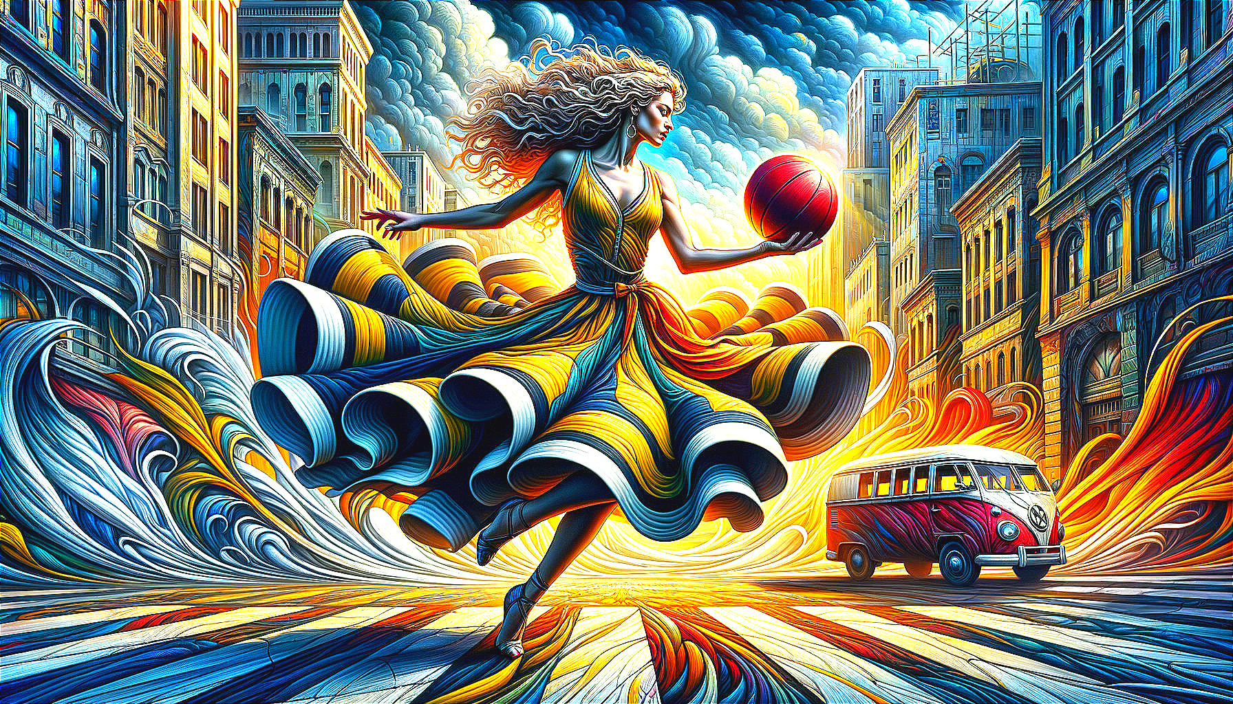 Woman in Colorful Dress Dribbling a Basketball