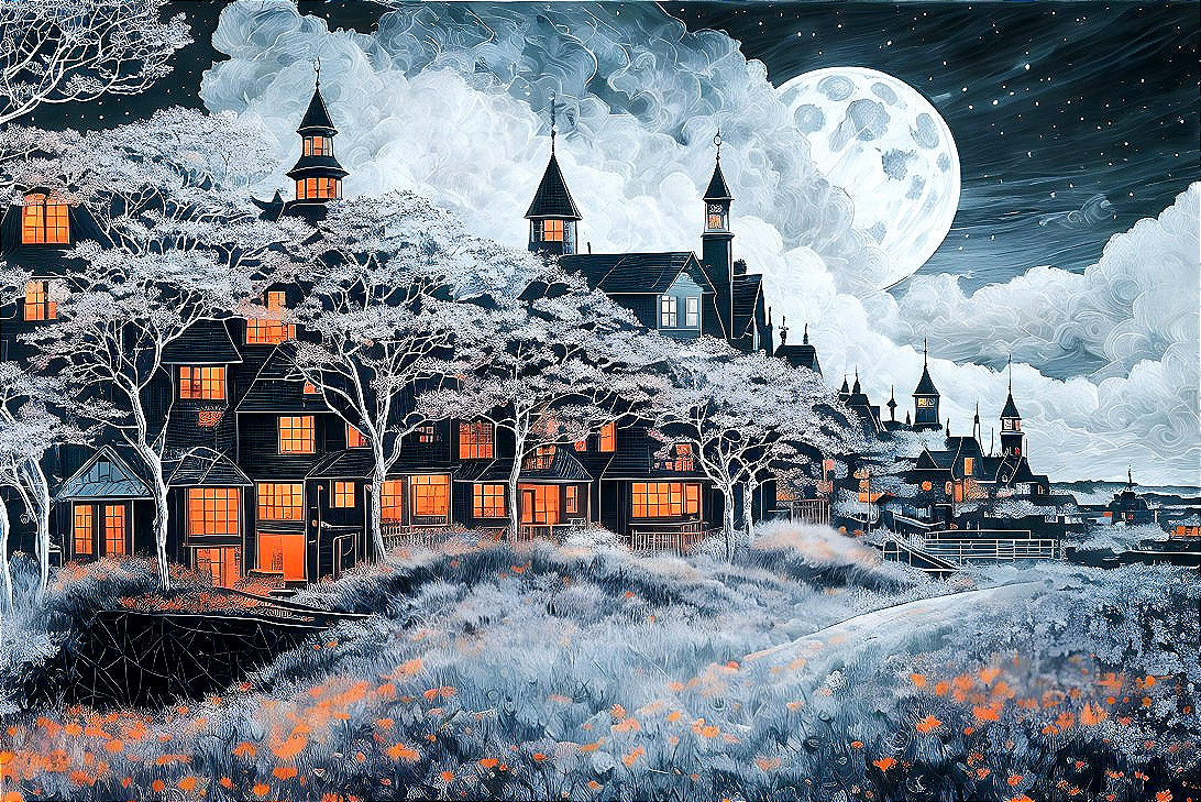 Gothic Houses in a Whimsical Night Landscape