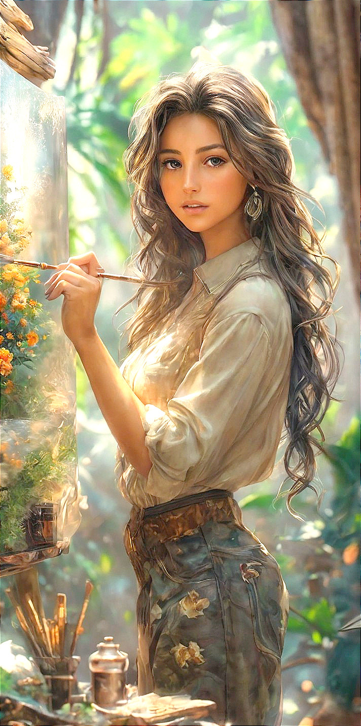 Young woman painting flowers in a lush landscape