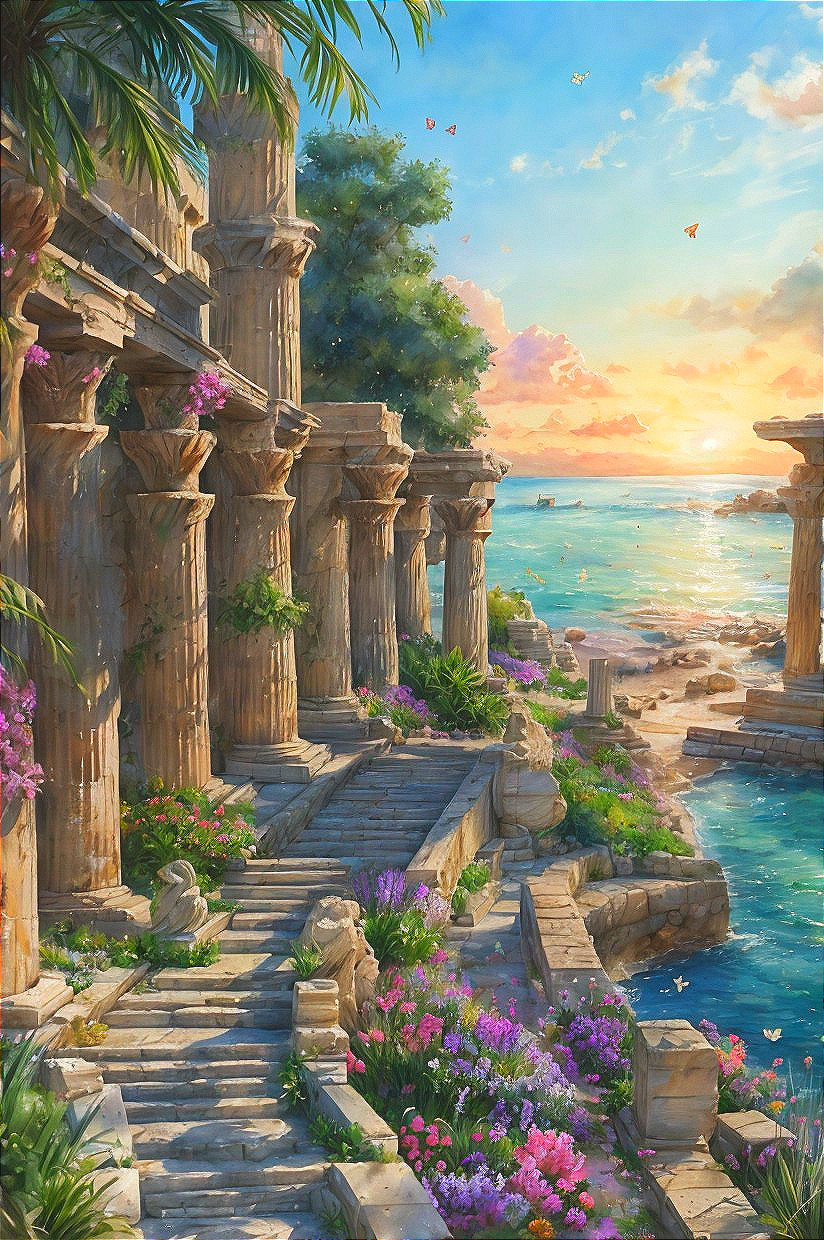 Seascape with Ancient Ruins and Vibrant Flowers