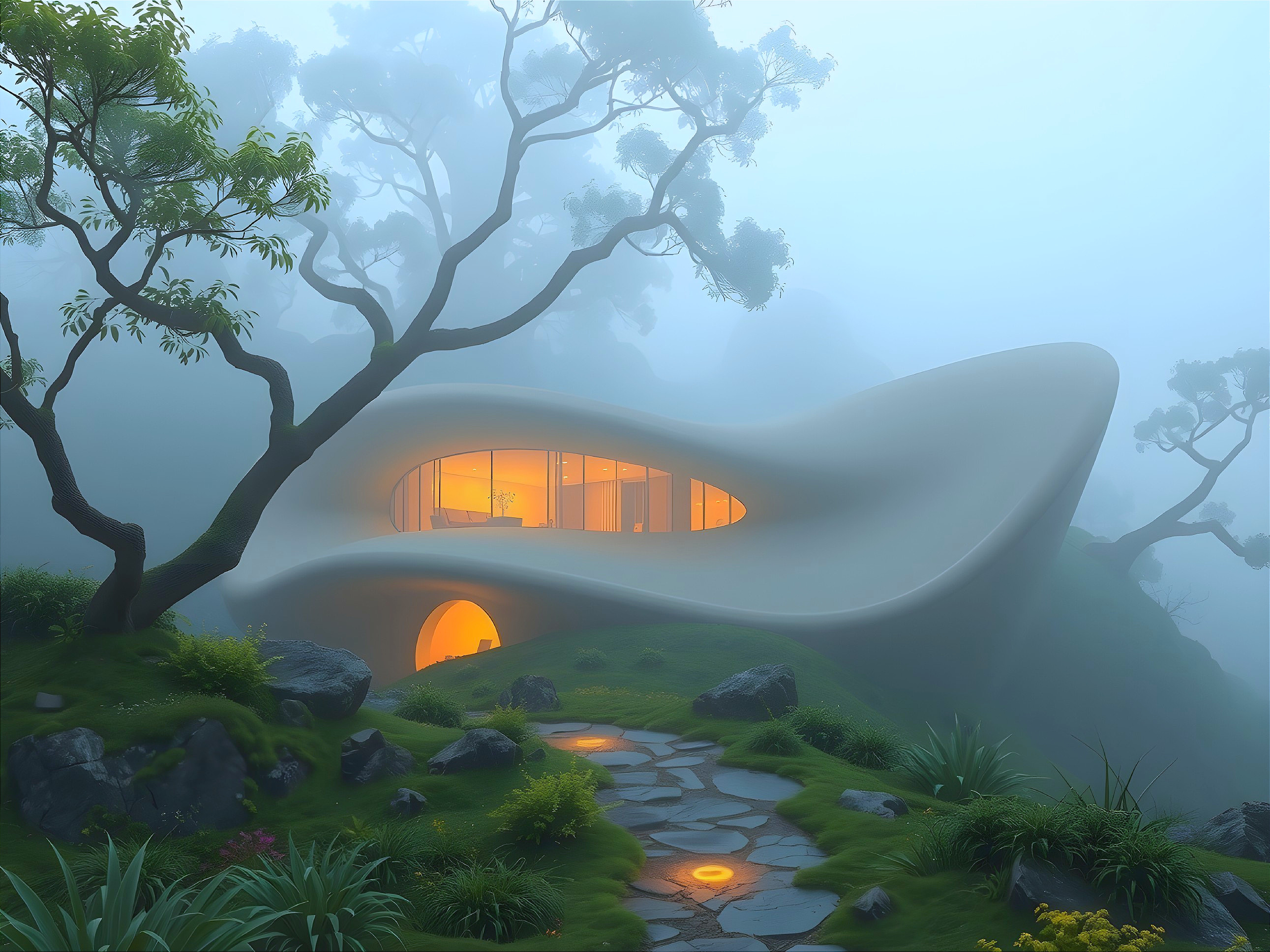 Sculptural House in Misty Landscape with Warm Light