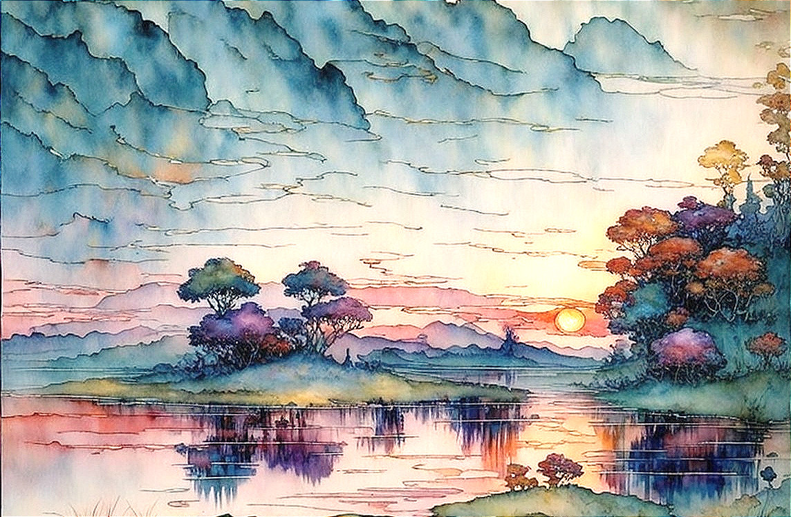 Serene Landscape with Sunset Reflection and Mountains