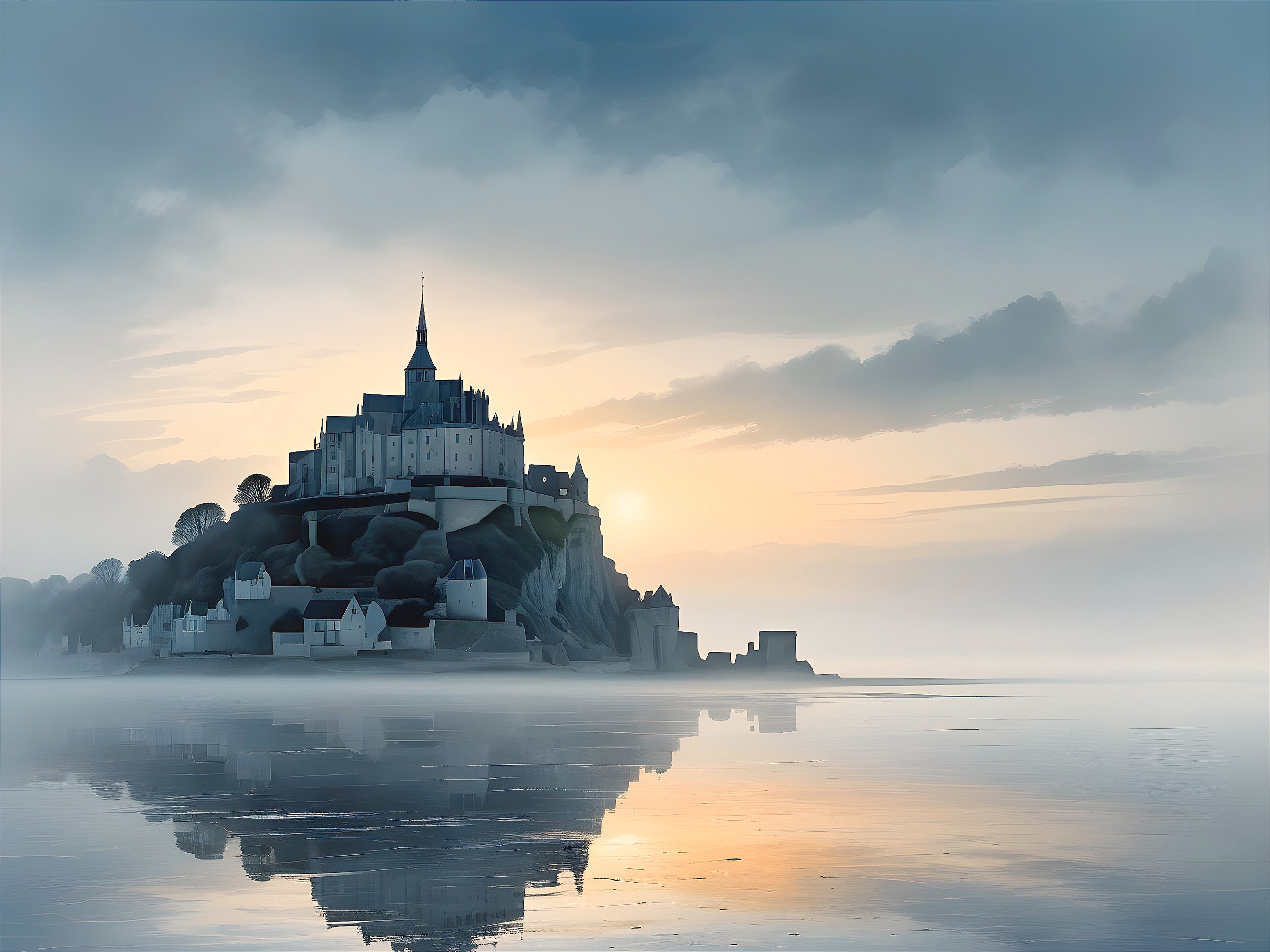 Majestic castle on rocky island at dawn with mist