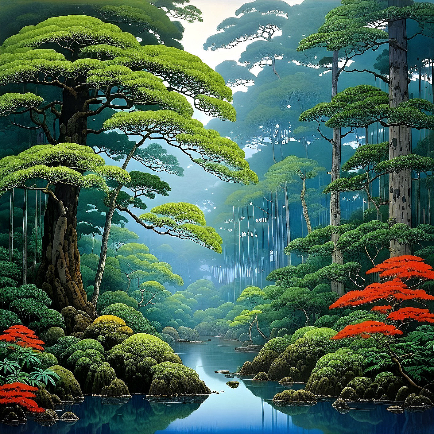 Serene Forest Scene with Towering Trees and River