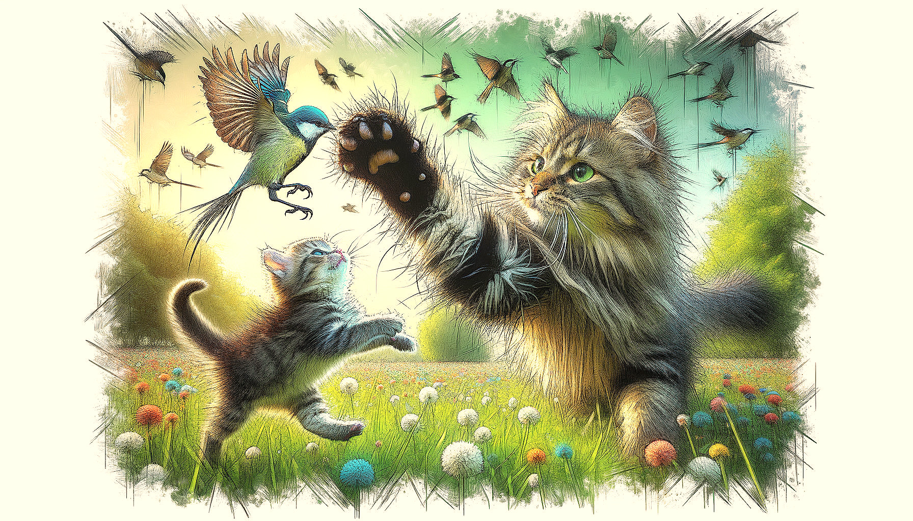 Majestic Cat and Kitten in a Colorful Meadow Scene