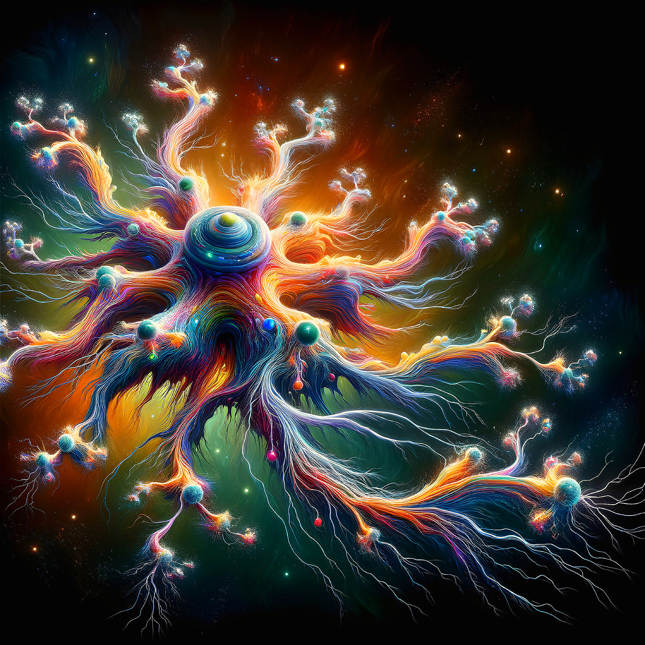 Vibrant cosmic tree with glowing orbs in starry space