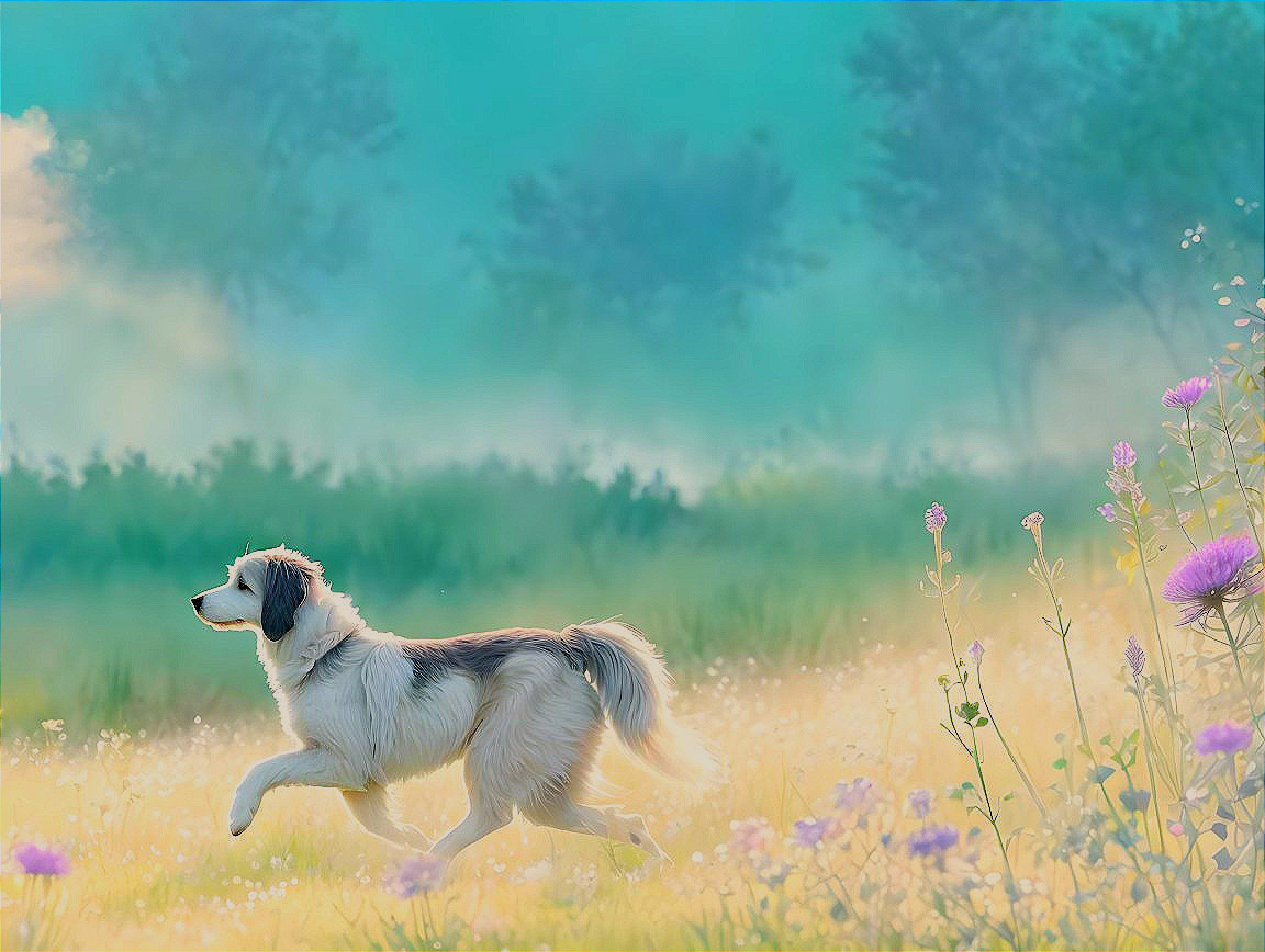 Serene Landscape with Dog in Sunlit Field